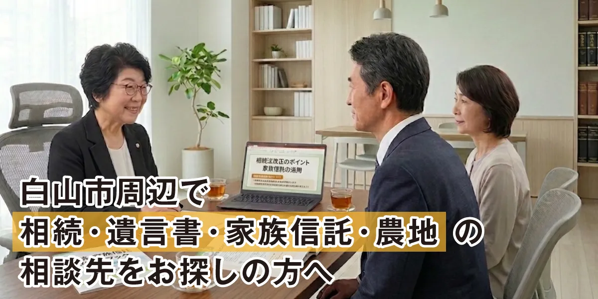 白山市周辺で、 相続‧ 遺言書‧ 家族信託‧ 農地の相談先をお探しの方へ
